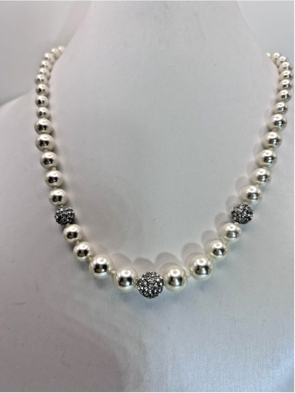 Vintage GIVENCHY Signed Faux Pearl Rhinestone Station Necklace Silver Tone